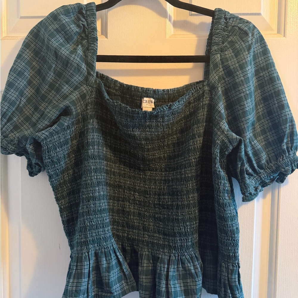 J. Crew Teal Plaid Smocked Blouse